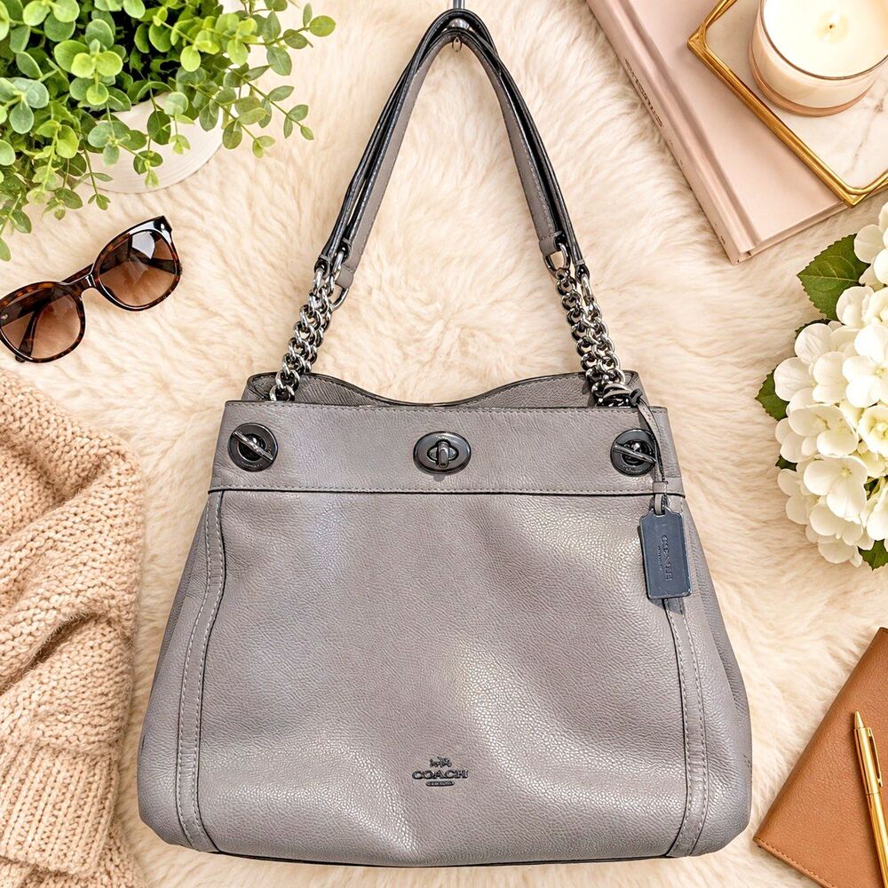 Coach Edie Turn lock grey Pebbled Leather Shoulder Bag Purse Satchel 36855